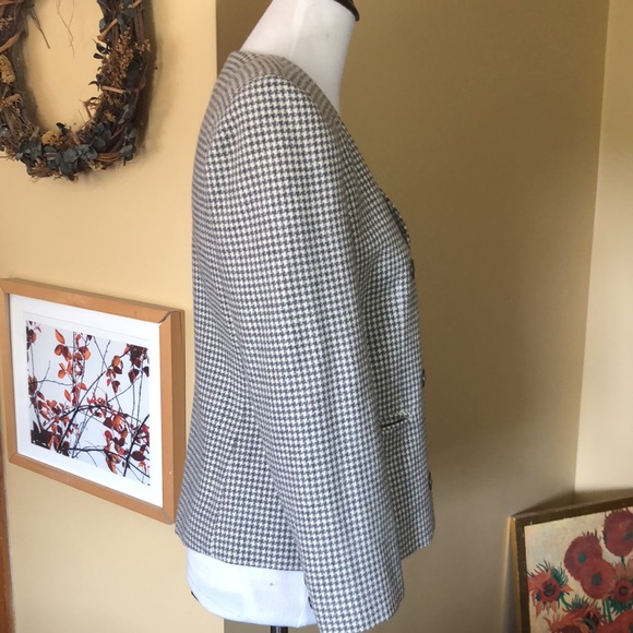 Vtg 90s Y2K DAVID N Houndstooth Plaid Wool Blazer Soft Gray & Ecru Crop DoubleB - Picture 3 of 10